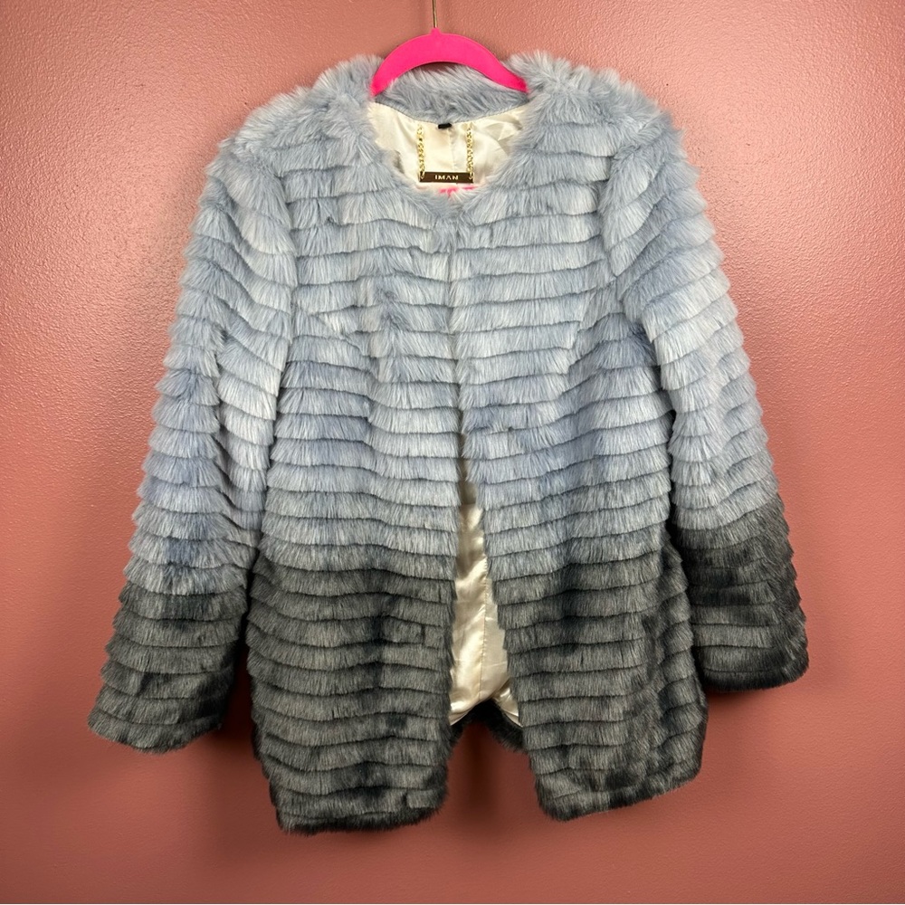 IMAN Platinum Rock the Runway Blue Grey Ombre Faux Fur Coat Size Small